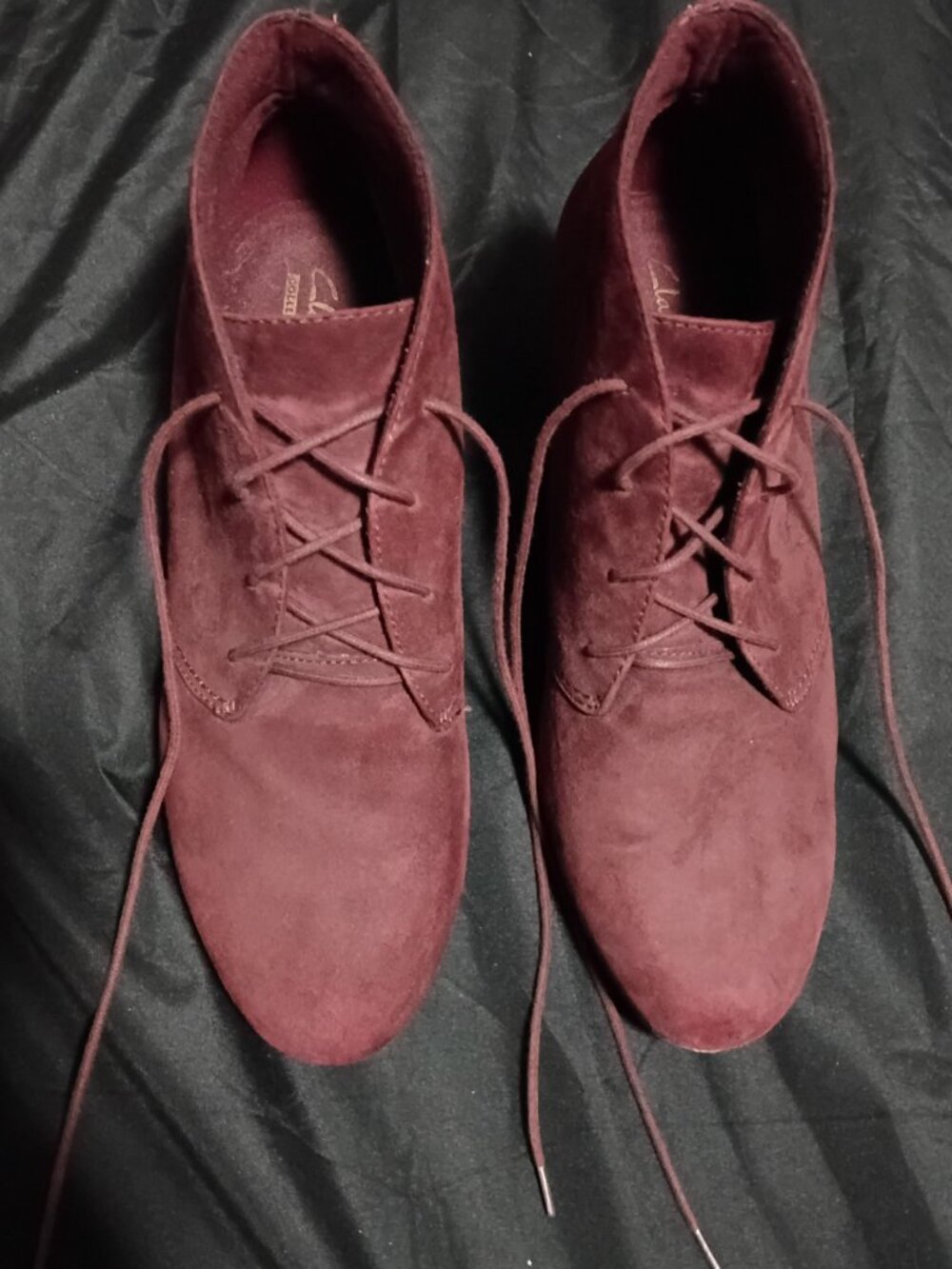 Clarks Collection Burgundy Suede Lace Up Wedge Ankle Booties Comfort